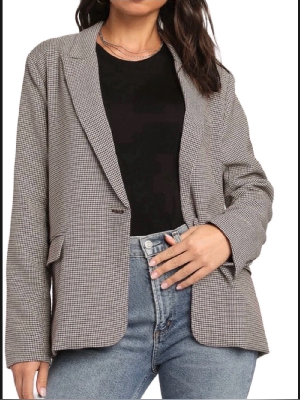 Lulu’s Women’s Houndstooth Blazer Taupe Oversized Relaxed Fit S L XL NEW
